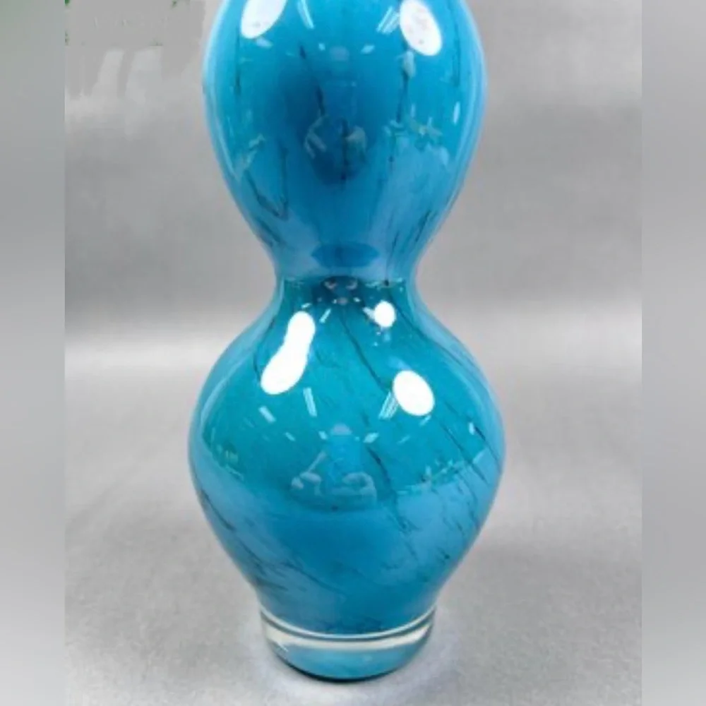 Vintage Pier 1 Turquoise Blue w Black Etch Art Glass Triple Gourd Vase | EUC